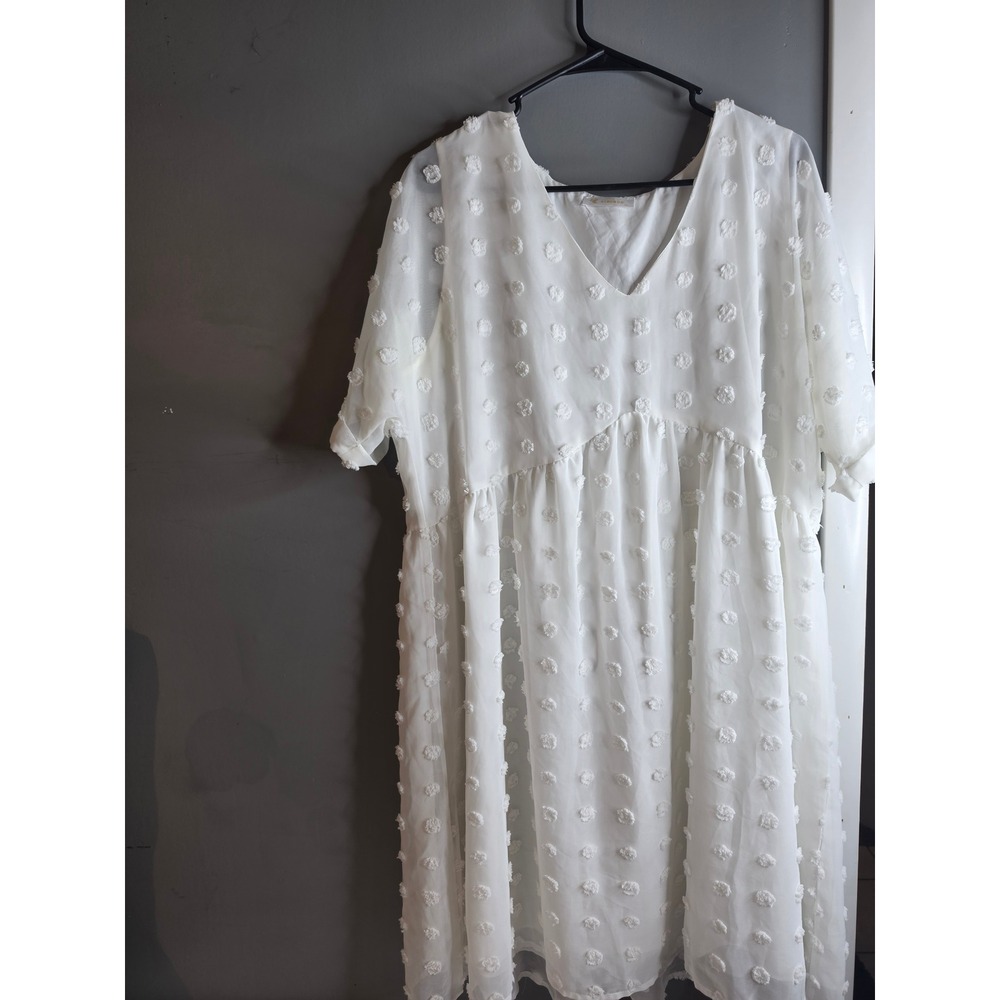 Kirundo White Swiss Dot Babydoll Dress V-Neck Short Sleeve XL